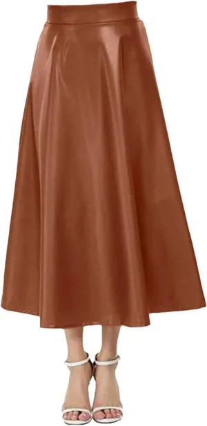 Women PU Leather Midi Skirt Elegant Office Long Solid High Waist Zipper Pleated A-Line Leather Skirts