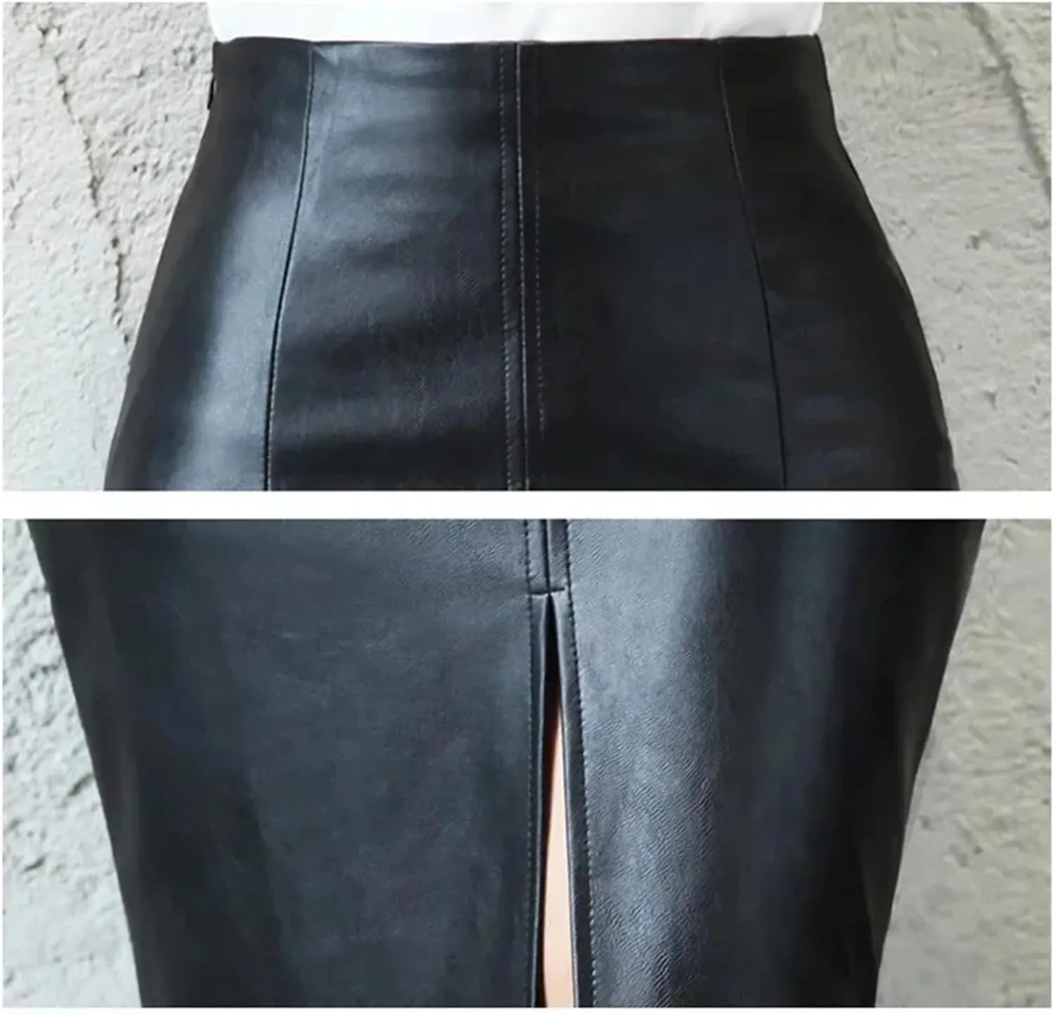 Women Sexy Faux Leather Midi Skirts Winter Black High Waist Front Slit Office Pencil Skirt