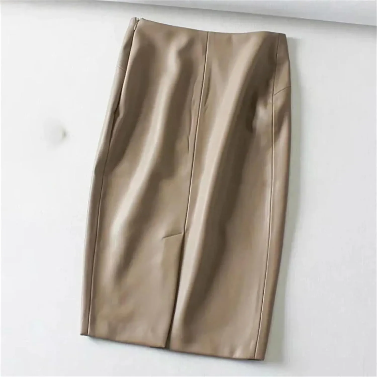 Women Sexy Soft PU Leather Pencil Midi Skirt Ladies Package Hip Back Split Faux Leather Pencil Skirt