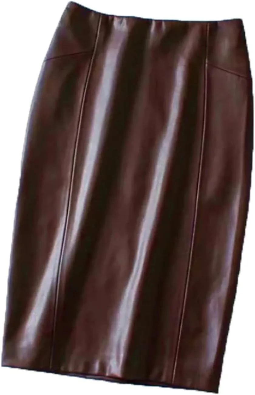 Women Sexy Soft PU Leather Pencil Midi Skirt Ladies Package Hip Back Split Faux Leather Pencil Skirt