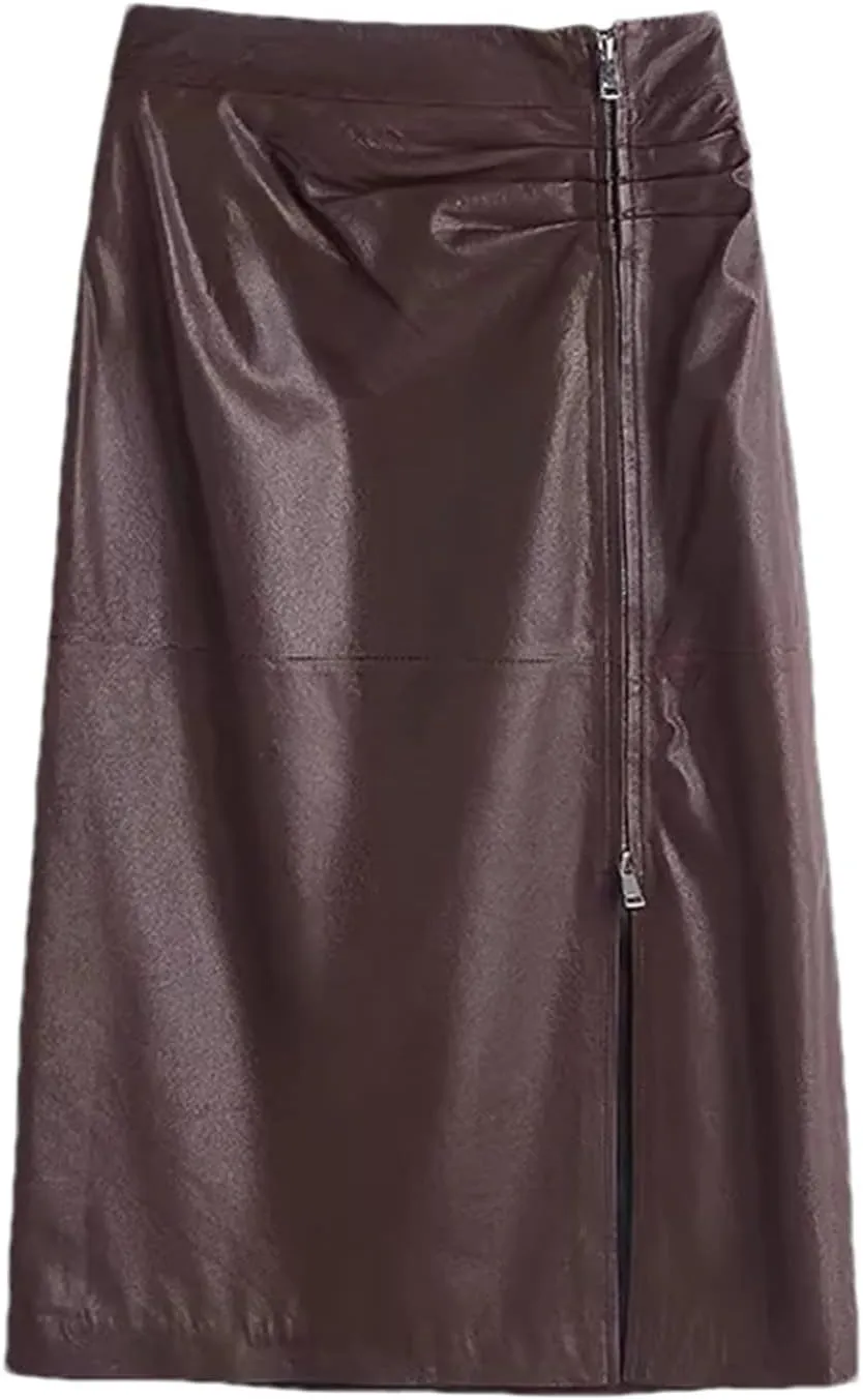 Women Sheepskin Zipper Leather Midi Skirt High Waisted Split Slit Hem A-Line Leather Pencil Skirt