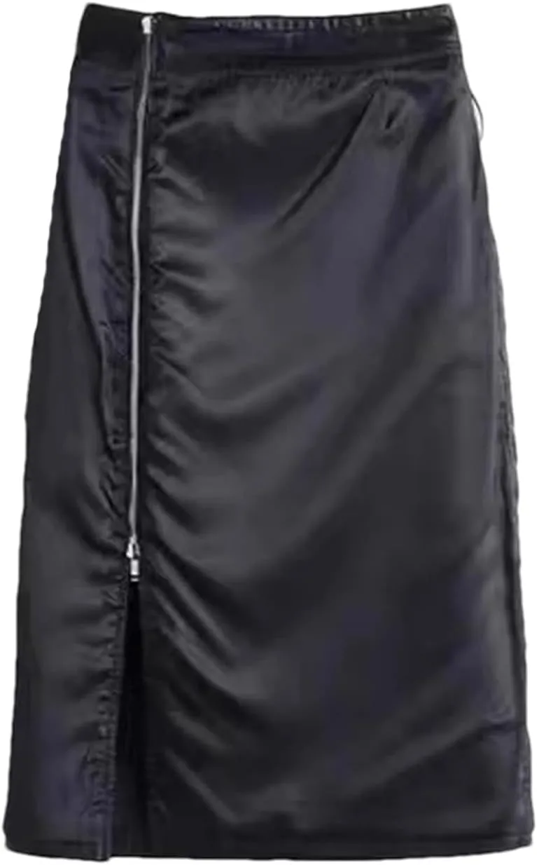 Women Sheepskin Zipper Leather Midi Skirt High Waisted Split Slit Hem A-Line Leather Pencil Skirt