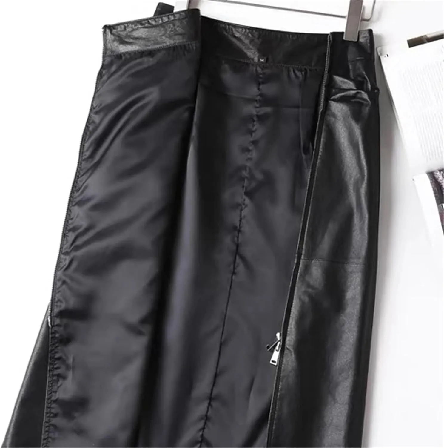 Women Sheepskin Zipper Leather Midi Skirt High Waisted Split Slit Hem A-Line Leather Pencil Skirt
