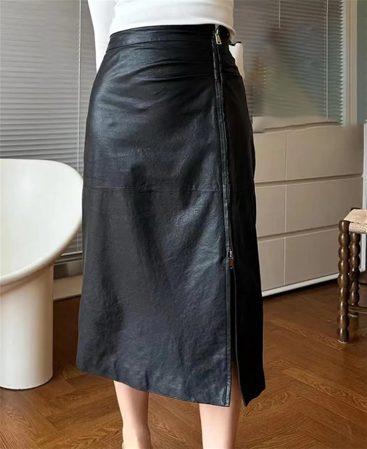 Women Sheepskin Zipper Leather Midi Skirt High Waisted Split Slit Hem A-Line Leather Pencil Skirt
