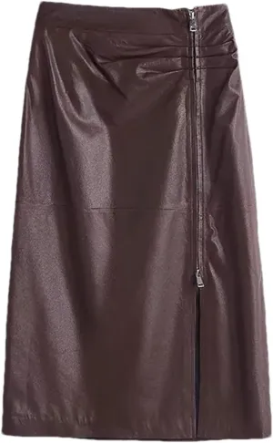 Women Sheepskin Zipper Leather Midi Skirt High Waisted Split Slit Hem A-Line Leather Pencil Skirt