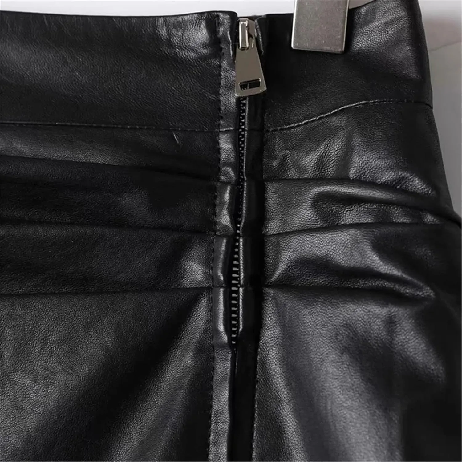 Women Sheepskin Zipper Leather Midi Skirt High Waisted Split Slit Hem A-Line Leather Pencil Skirt