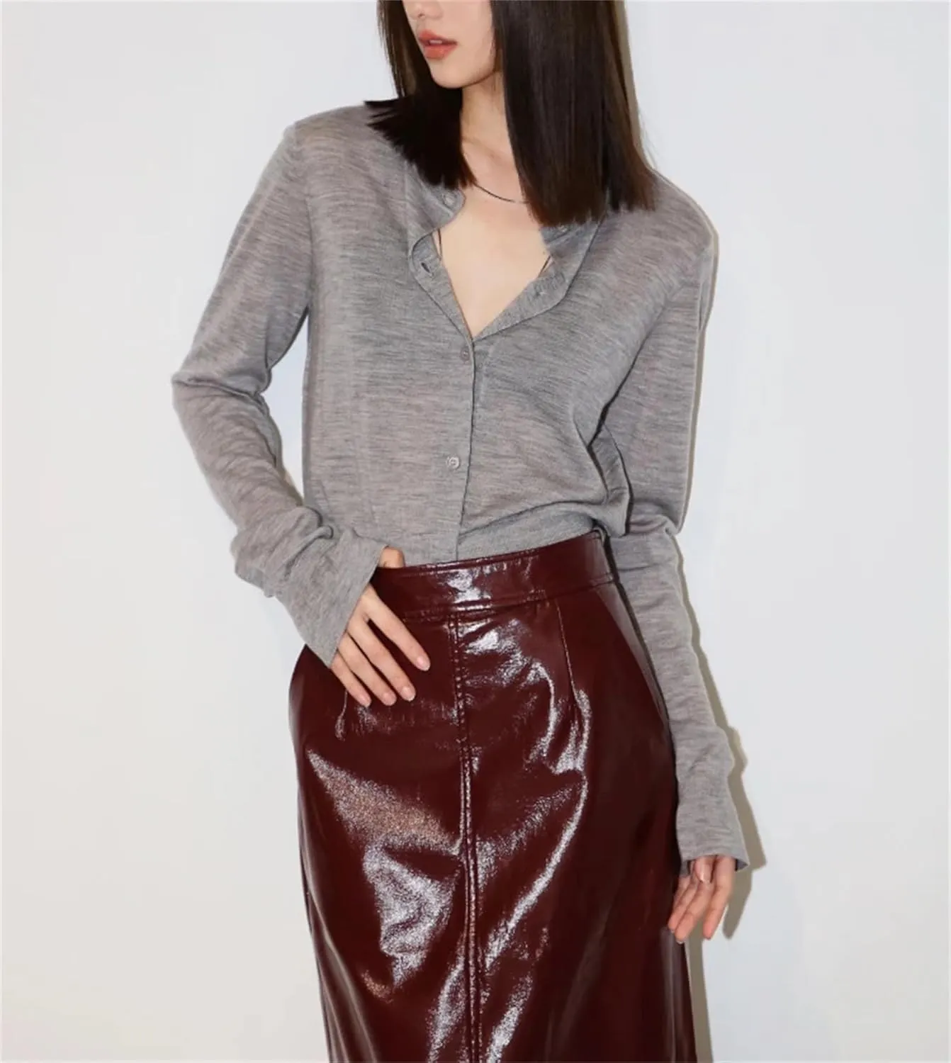 Women Shiny Reflective Patent Pu Leather Midi Pencil Skirt High Waist Stretchy Business Pencil Skirt