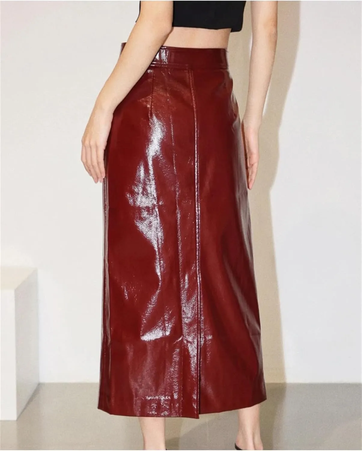 Women Shiny Reflective Patent Pu Leather Midi Pencil Skirt High Waist Stretchy Business Pencil Skirt