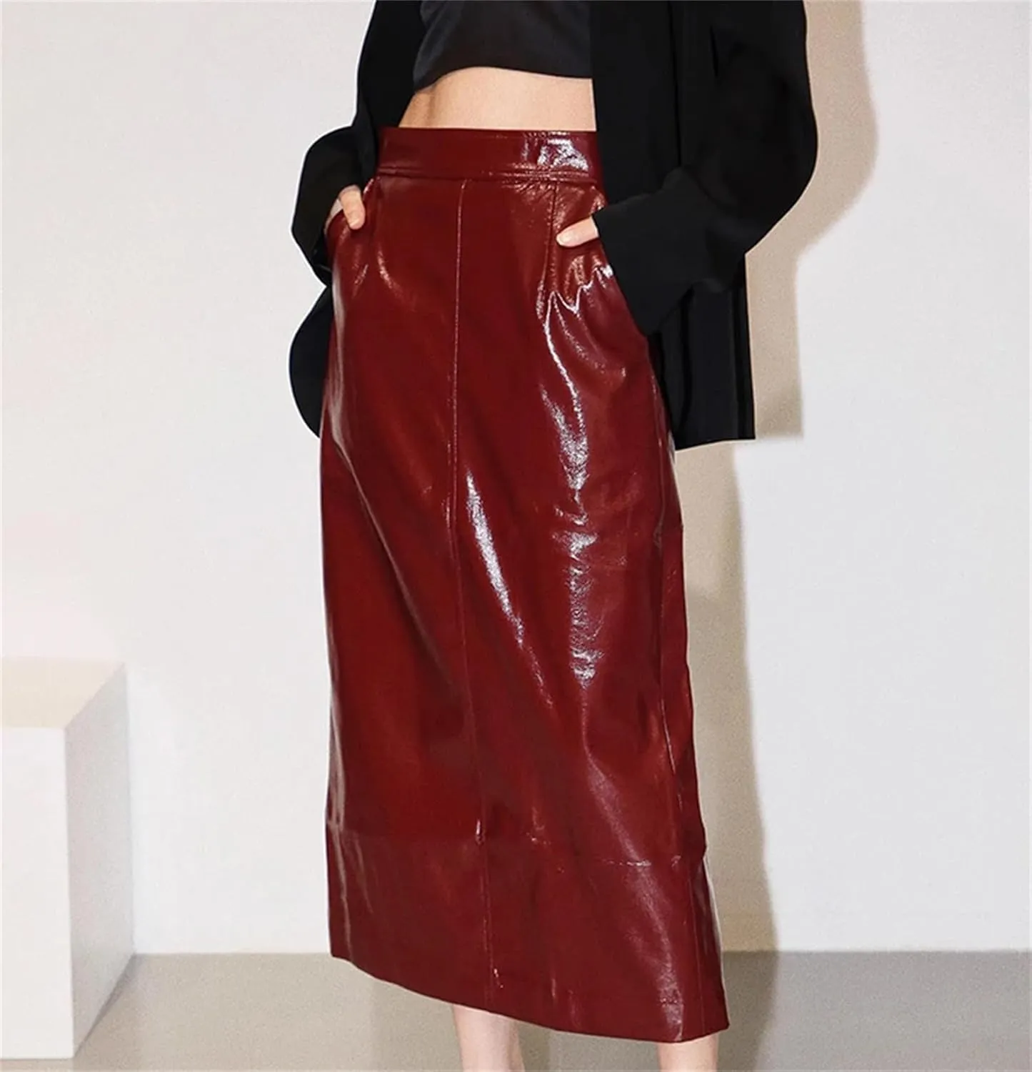 Women Shiny Reflective Patent Pu Leather Midi Pencil Skirt High Waist Stretchy Business Pencil Skirt