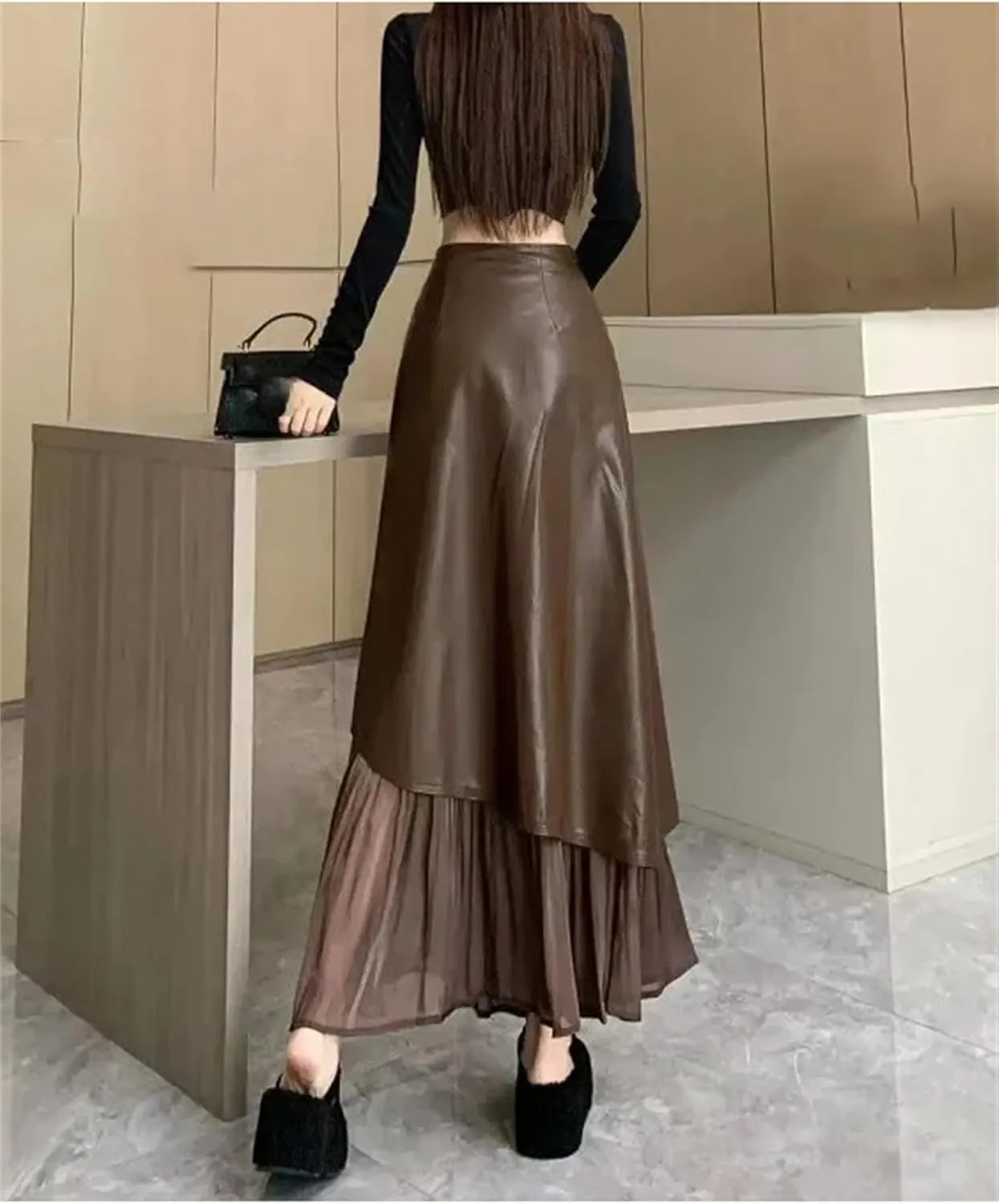 Women Soft Pu Leather Skirt Elegant High Waist Bodycon Midi Pencil Skirt