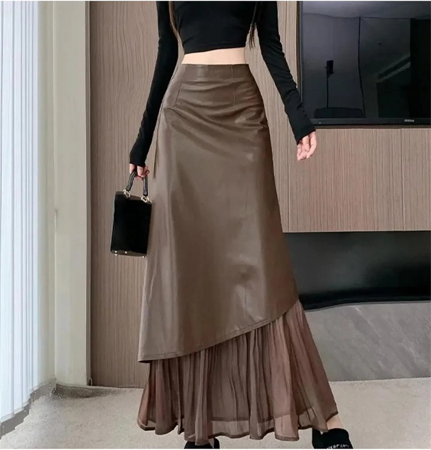 Women Soft Pu Leather Skirt Elegant High Waist Bodycon Midi Pencil Skirt