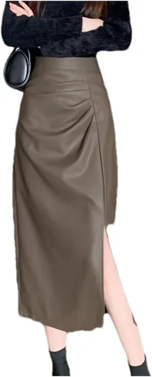 Women Solid Color Irregular PU Leather Skirts Vintage High Waist Split Office Pleated Midi Skirt