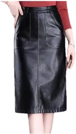 Women Stretchy Business Pencil Skirt High Waist Bodycon PU Leather Straight Midi Skirts with Pockets