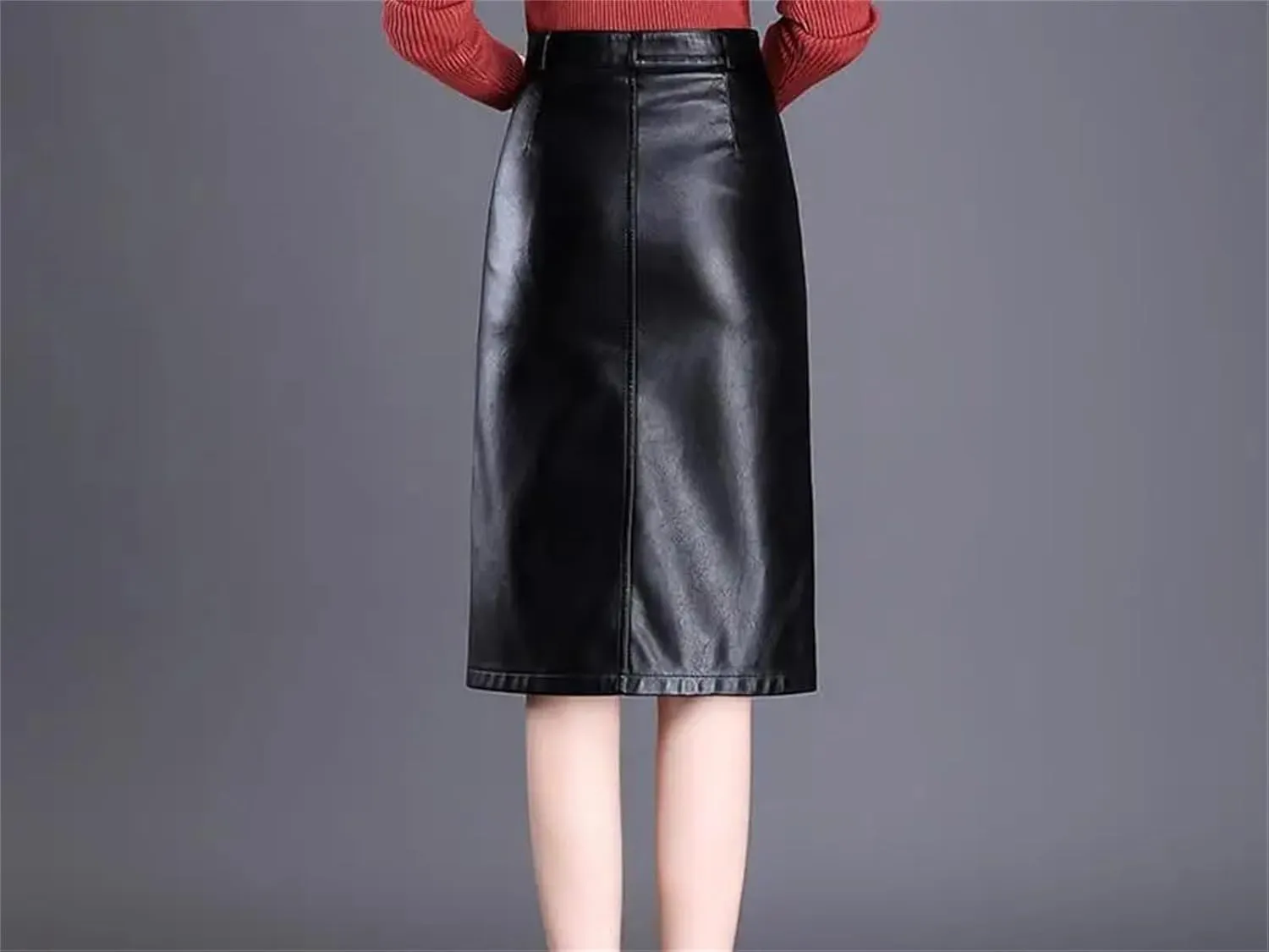 Women Stretchy Business Pencil Skirt High Waist Bodycon PU Leather Straight Midi Skirts with Pockets