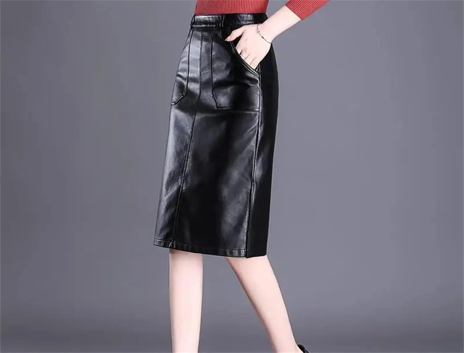 Women Stretchy Business Pencil Skirt High Waist Bodycon PU Leather Straight Midi Skirts with Pockets