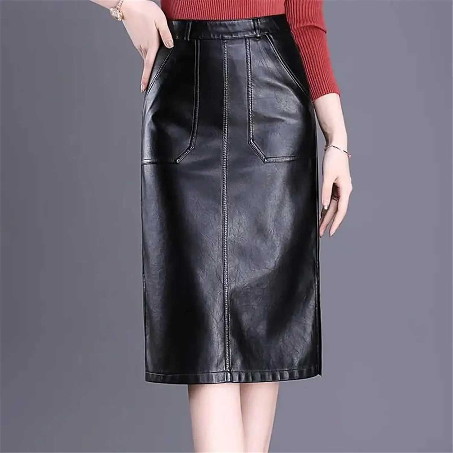 Women Stretchy Business Pencil Skirt High Waist Bodycon PU Leather Straight Midi Skirts with Pockets