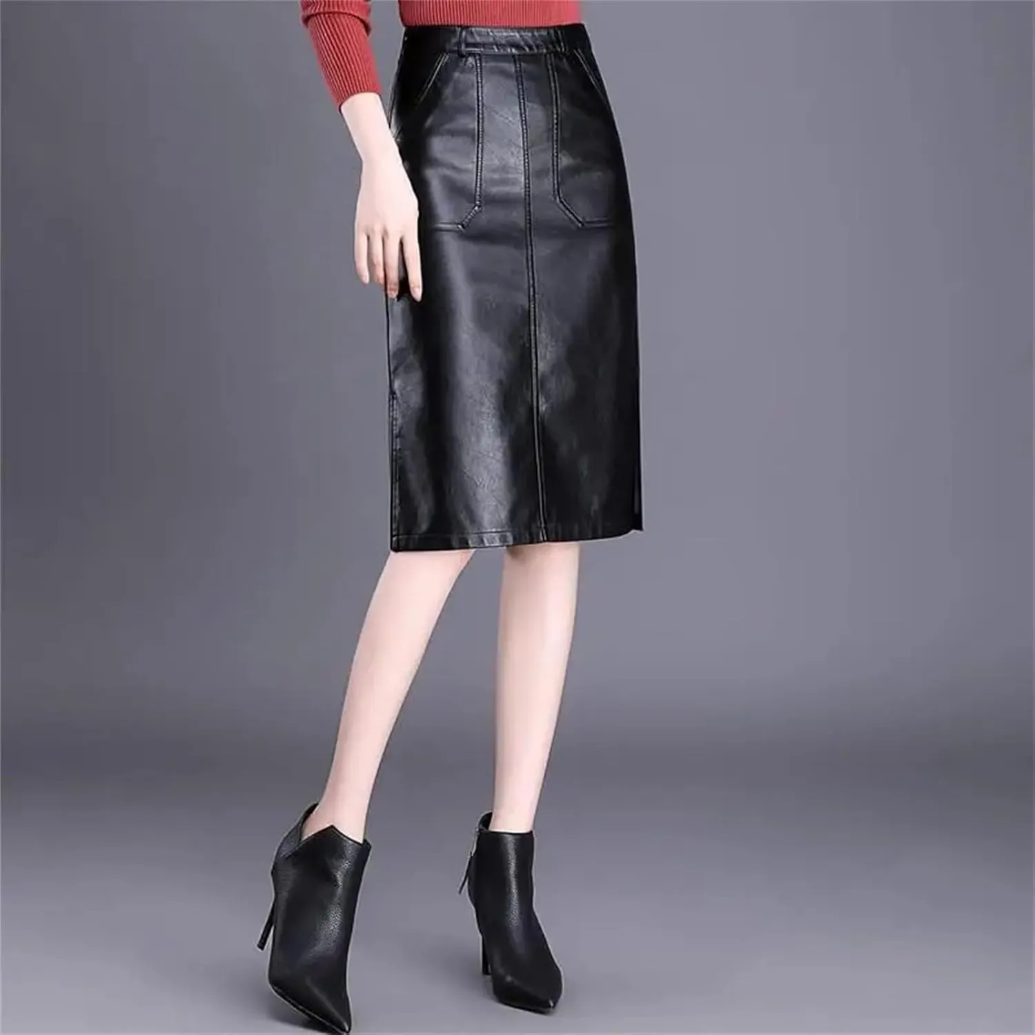 Women Stretchy Business Pencil Skirt High Waist Bodycon PU Leather Straight Midi Skirts with Pockets
