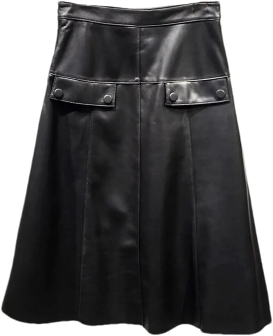 Women Stylish A-Line Umbrella Skirt Retro High Waist Genuine Leather Over-The-Knee PU Leather Midi Skirt