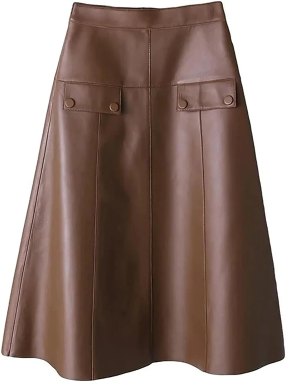 Women Stylish A-Line Umbrella Skirt Retro High Waist Genuine Leather Over-The-Knee PU Leather Midi Skirt