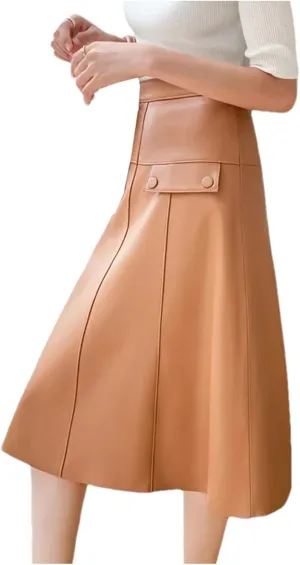 Women Stylish A-Line Umbrella Skirt Retro High Waist Genuine Leather Over-The-Knee PU Leather Midi Skirt