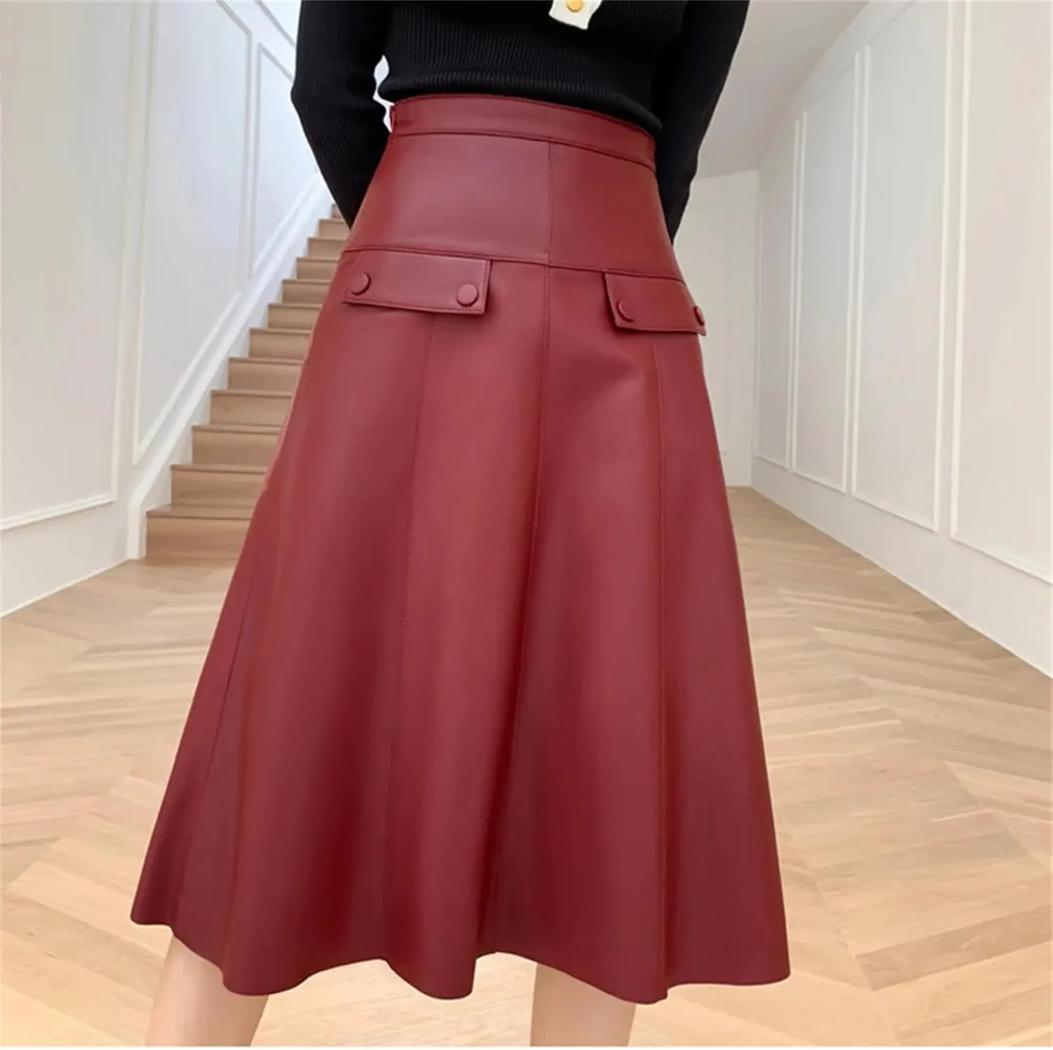 Women Stylish A-Line Umbrella Skirt Retro High Waist Genuine Leather Over-The-Knee PU Leather Midi Skirt