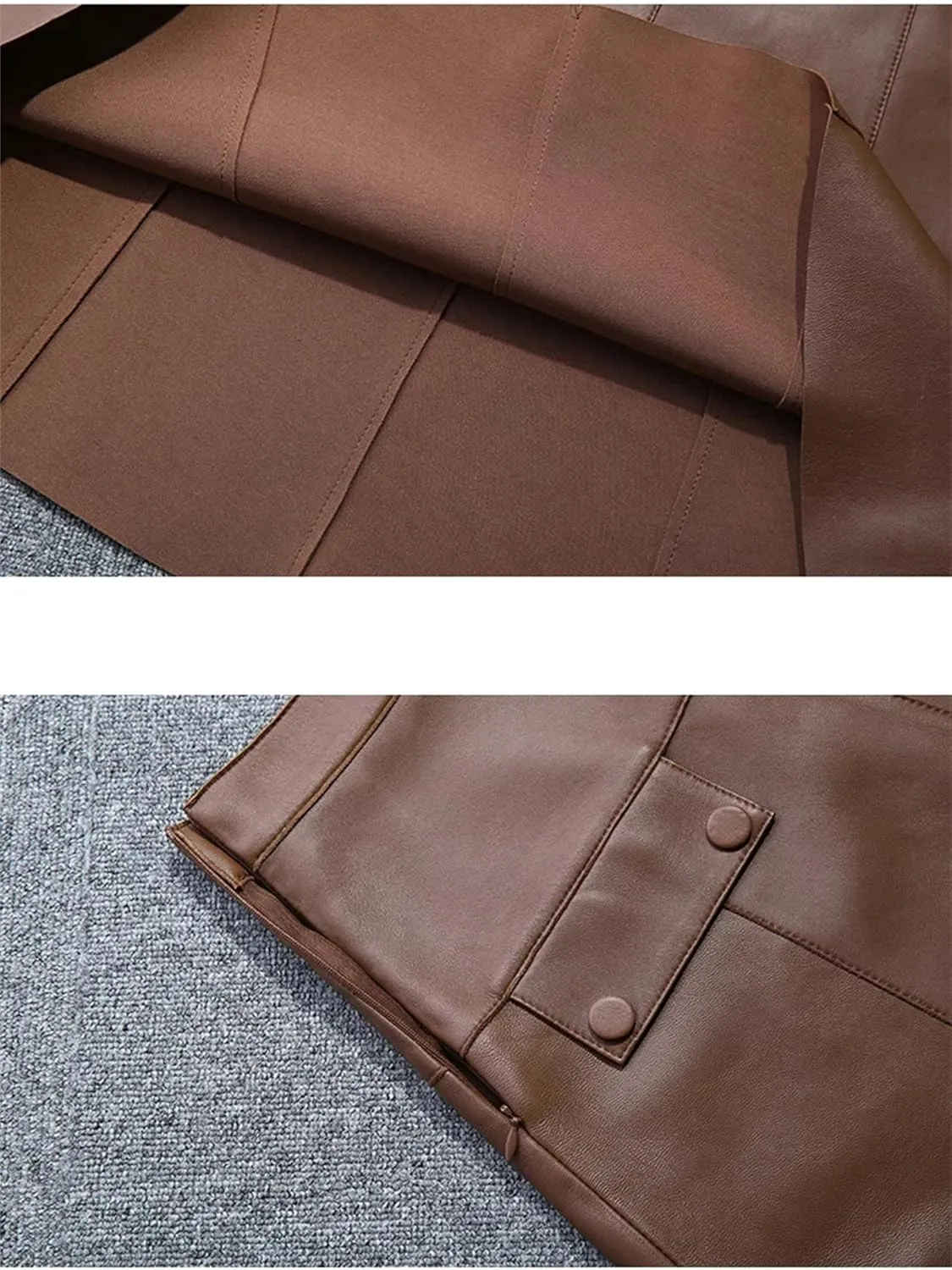 Women Stylish A-Line Umbrella Skirt Retro High Waist Genuine Leather Over-The-Knee PU Leather Midi Skirt