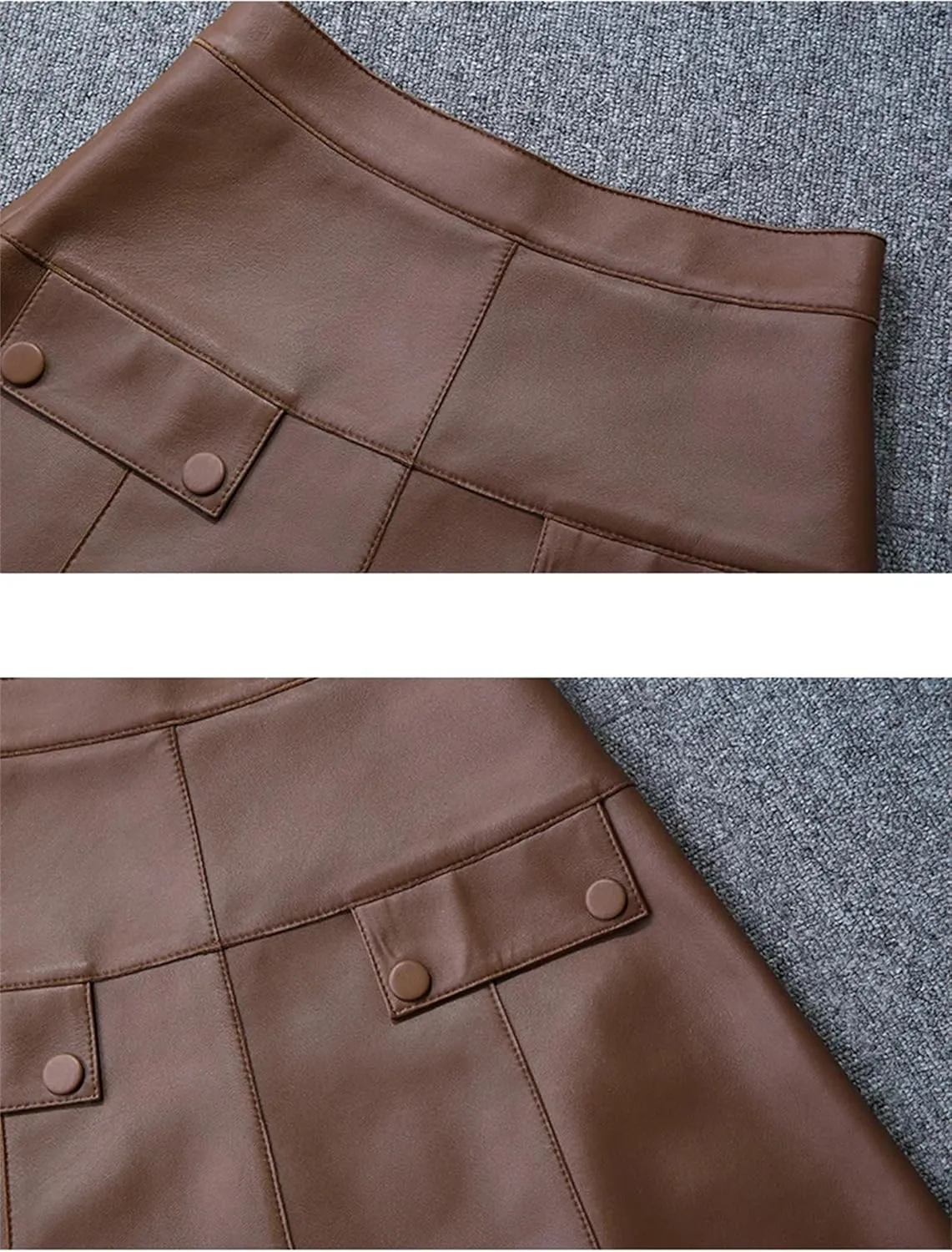 Women Stylish A-Line Umbrella Skirt Retro High Waist Genuine Leather Over-The-Knee PU Leather Midi Skirt
