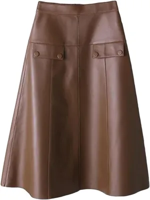 Women Stylish A-Line Umbrella Skirt Retro High Waist Genuine Leather Over-The-Knee PU Leather Midi Skirt