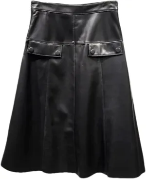 Women Stylish A-Line Umbrella Skirt Retro High Waist Genuine Leather Over-The-Knee PU Leather Midi Skirt