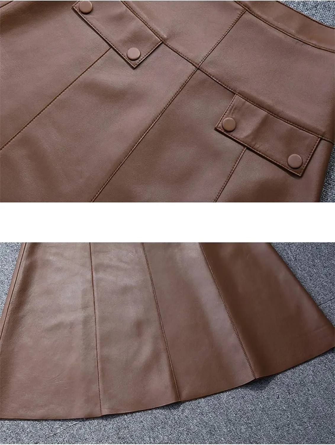 Women Stylish A-Line Umbrella Skirt Retro High Waist Genuine Leather Over-The-Knee PU Leather Midi Skirt