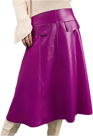 Women Stylish A-Line Umbrella Skirt Retro High Waist Genuine Leather Over-The-Knee PU Leather Midi Skirt