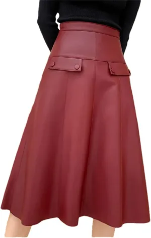 Women Stylish A-Line Umbrella Skirt Retro High Waist Genuine Leather Over-The-Knee PU Leather Midi Skirt