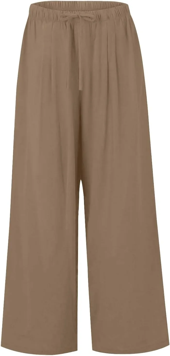 Women Summer Elastic High Waisted Linen Palazzo Pants Wide Leg Long Ruched Joggers Pant Trousers with Pocket