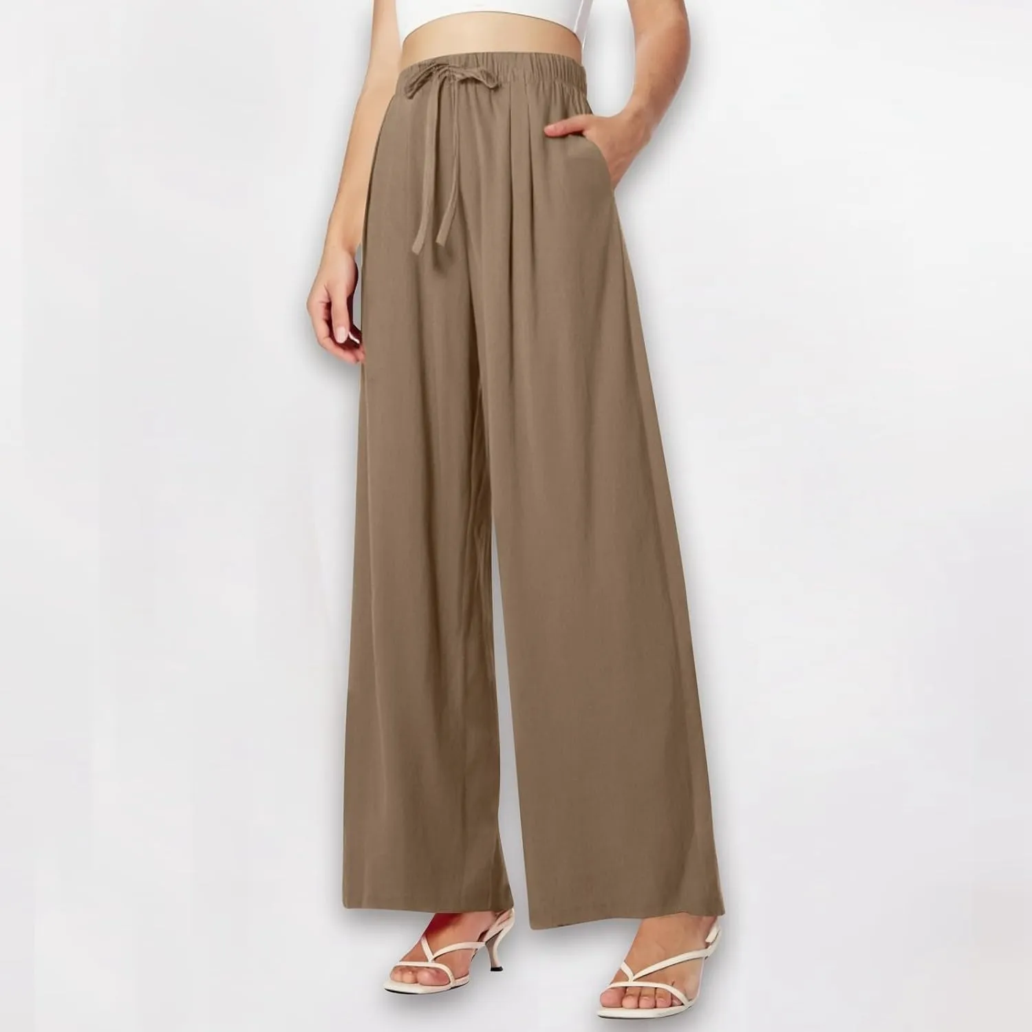 Women Summer Elastic High Waisted Linen Palazzo Pants Wide Leg Long Ruched Joggers Pant Trousers with Pocket
