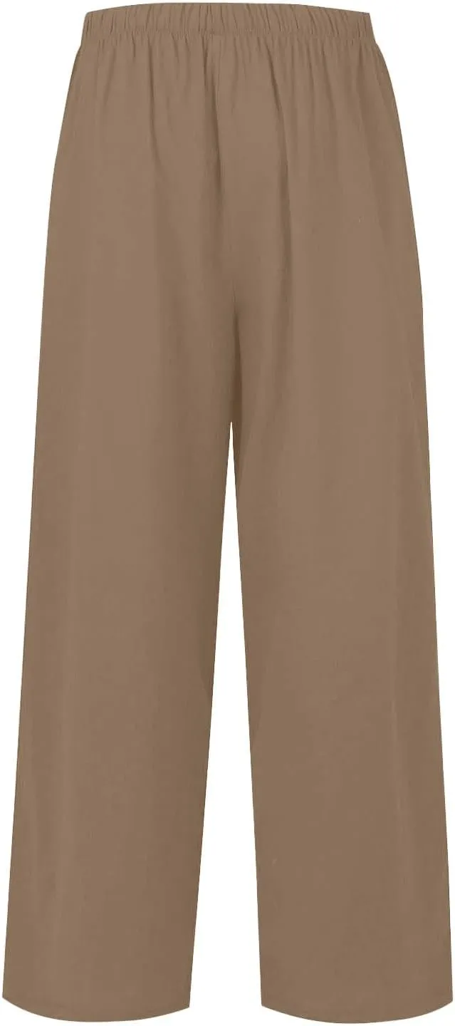 Women Summer Elastic High Waisted Linen Palazzo Pants Wide Leg Long Ruched Joggers Pant Trousers with Pocket