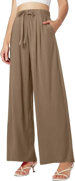 Women Summer Elastic High Waisted Linen Palazzo Pants Wide Leg Long Ruched Joggers Pant Trousers with Pocket