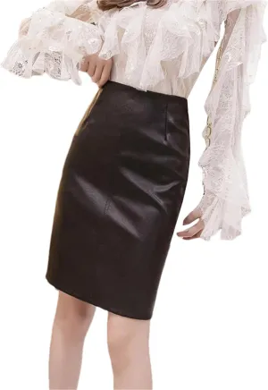 Women Vintage PU Leather Midi Skirts Winter Back Split High Waist Workwear Back Zipper Pencil Skirts