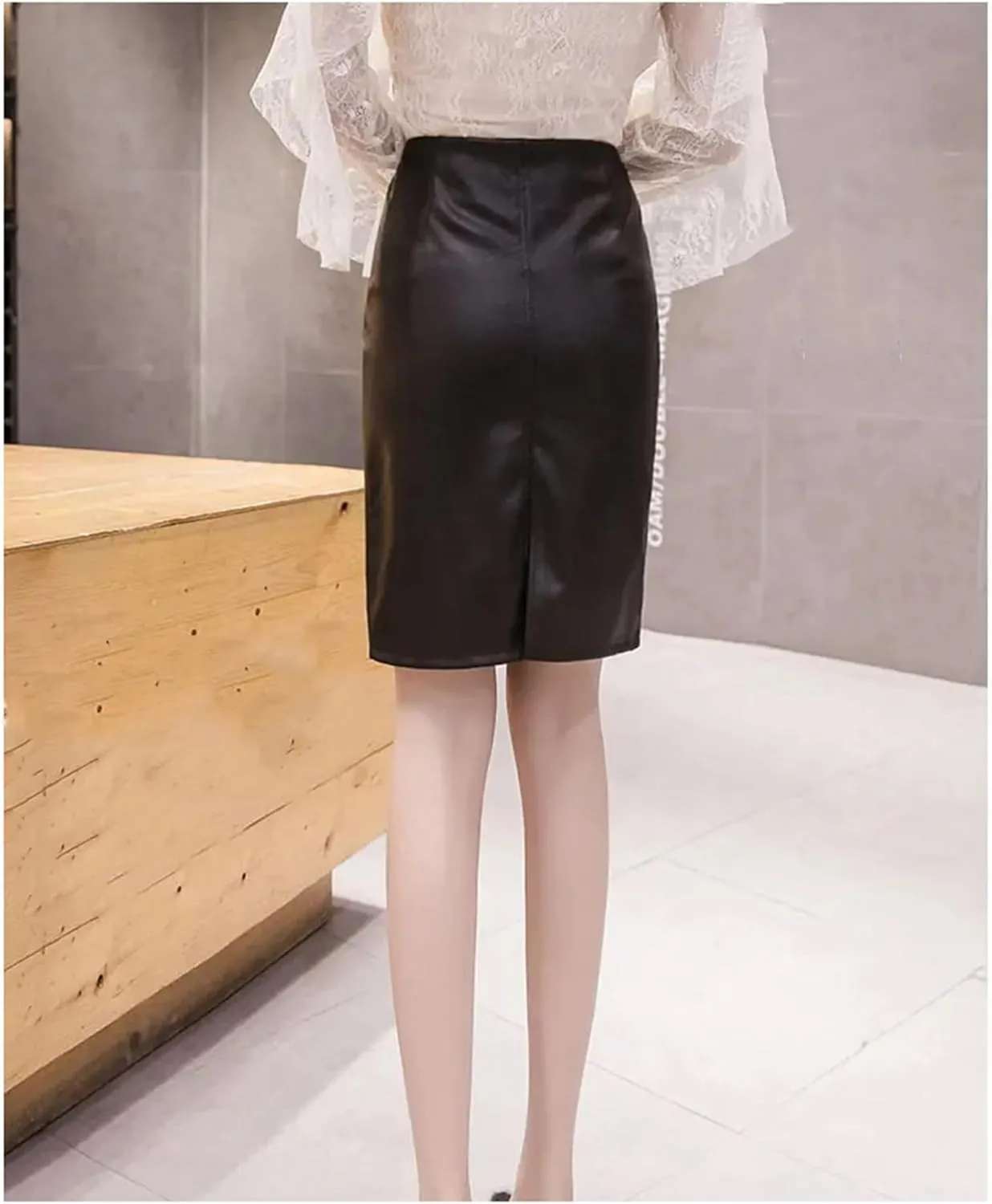 Women Vintage PU Leather Midi Skirts Winter Back Split High Waist Workwear Back Zipper Pencil Skirts