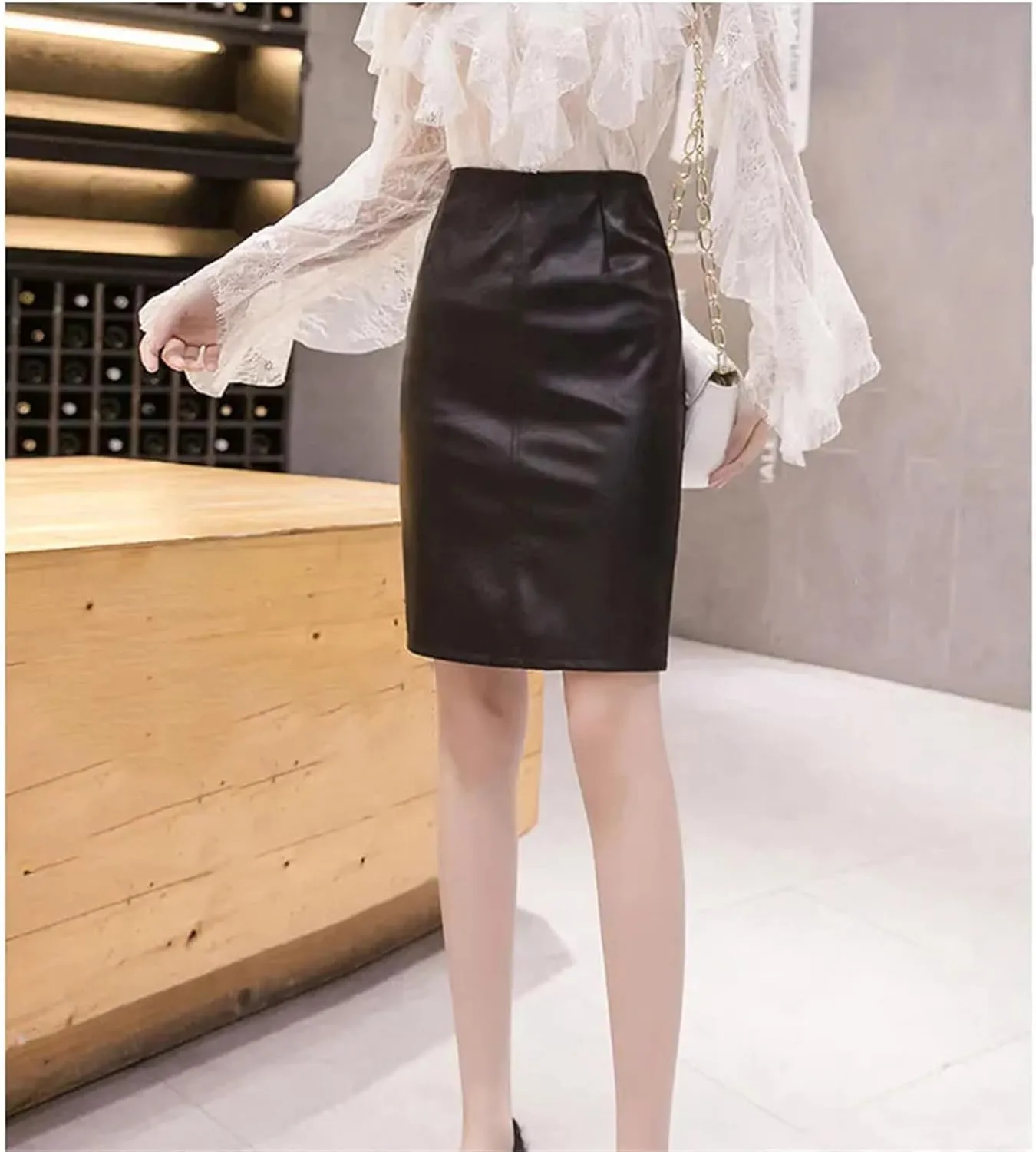 Women Vintage PU Leather Midi Skirts Winter Back Split High Waist Workwear Back Zipper Pencil Skirts