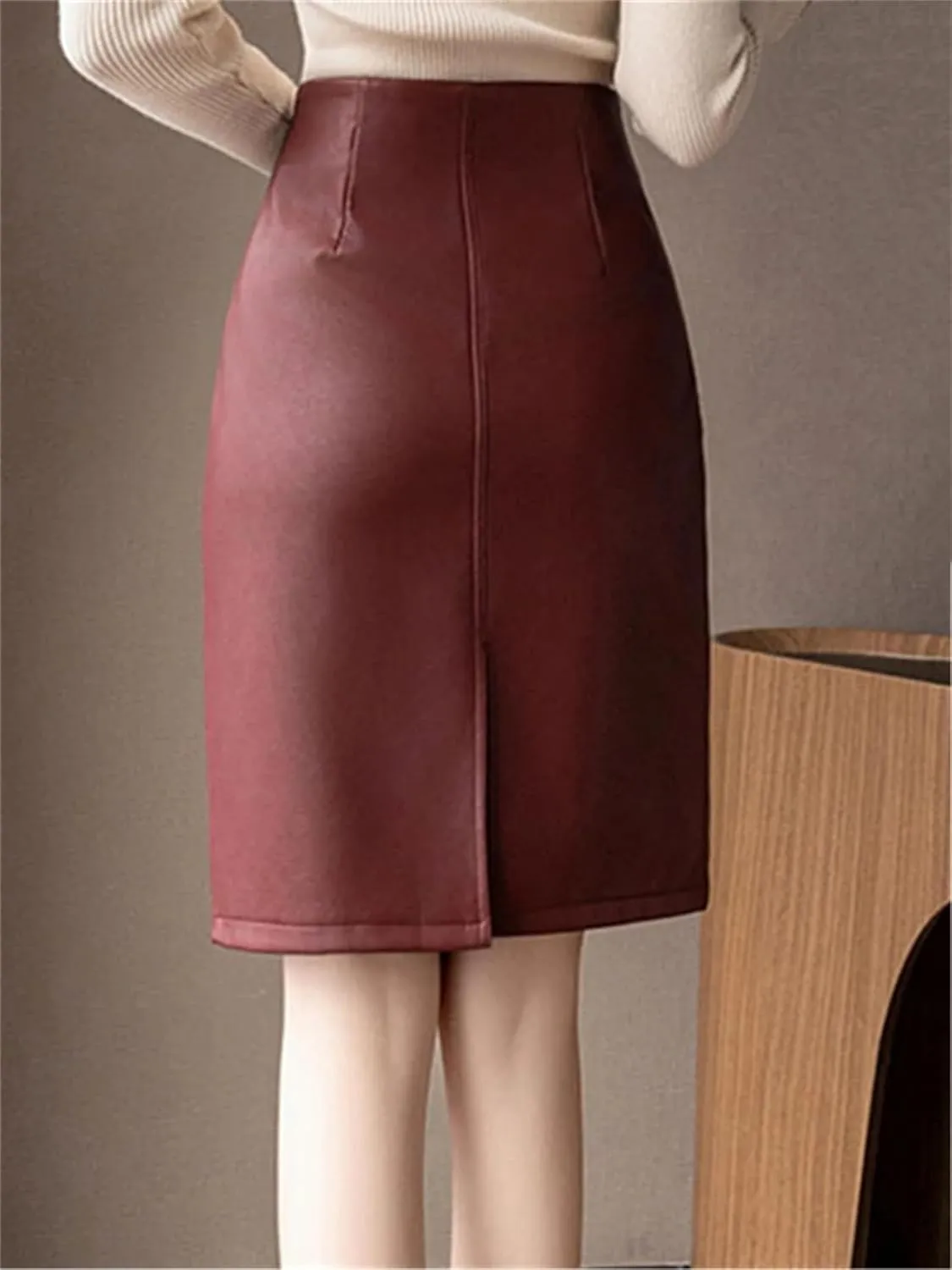 Women Vintage PU Leather Midi Skirts Winter Back Split High Waist Workwear Back Zipper Pencil Skirts