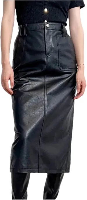Women Winter Genuine Leather Maxi Skirts High Waist Pocket Split Half Body Midi Wrap Hip Skirt