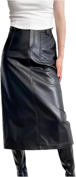 Women Winter Genuine Leather Maxi Skirts High Waist Pocket Split Half Body Midi Wrap Hip Skirt