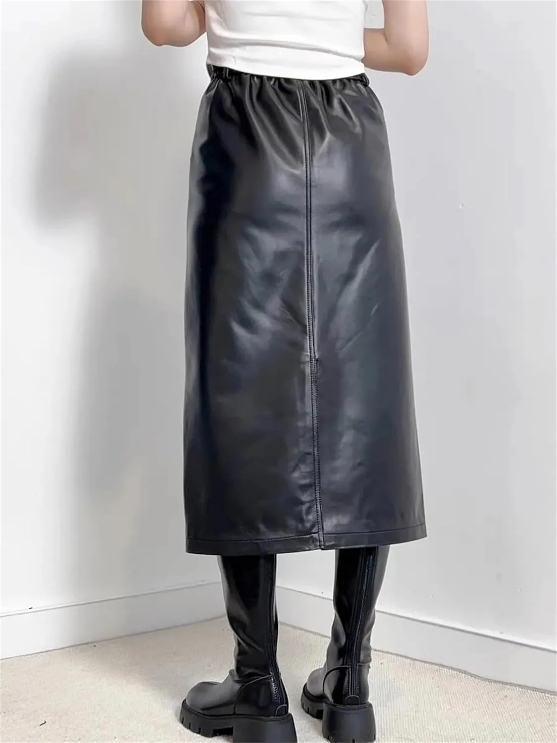 Women Winter Genuine Leather Maxi Skirts High Waist Pocket Split Half Body Midi Wrap Hip Skirt