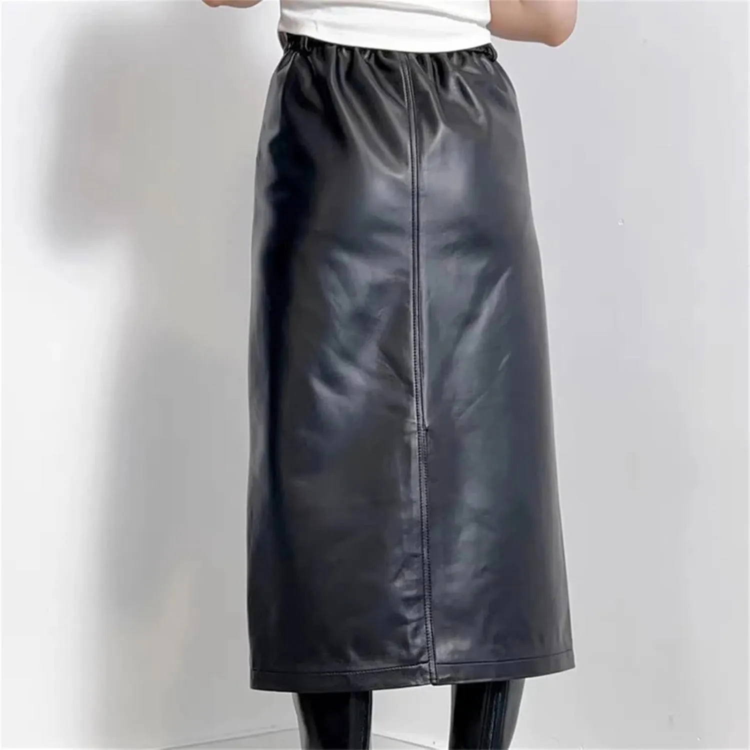 Women Winter Genuine Leather Maxi Skirts High Waist Pocket Split Half Body Midi Wrap Hip Skirt
