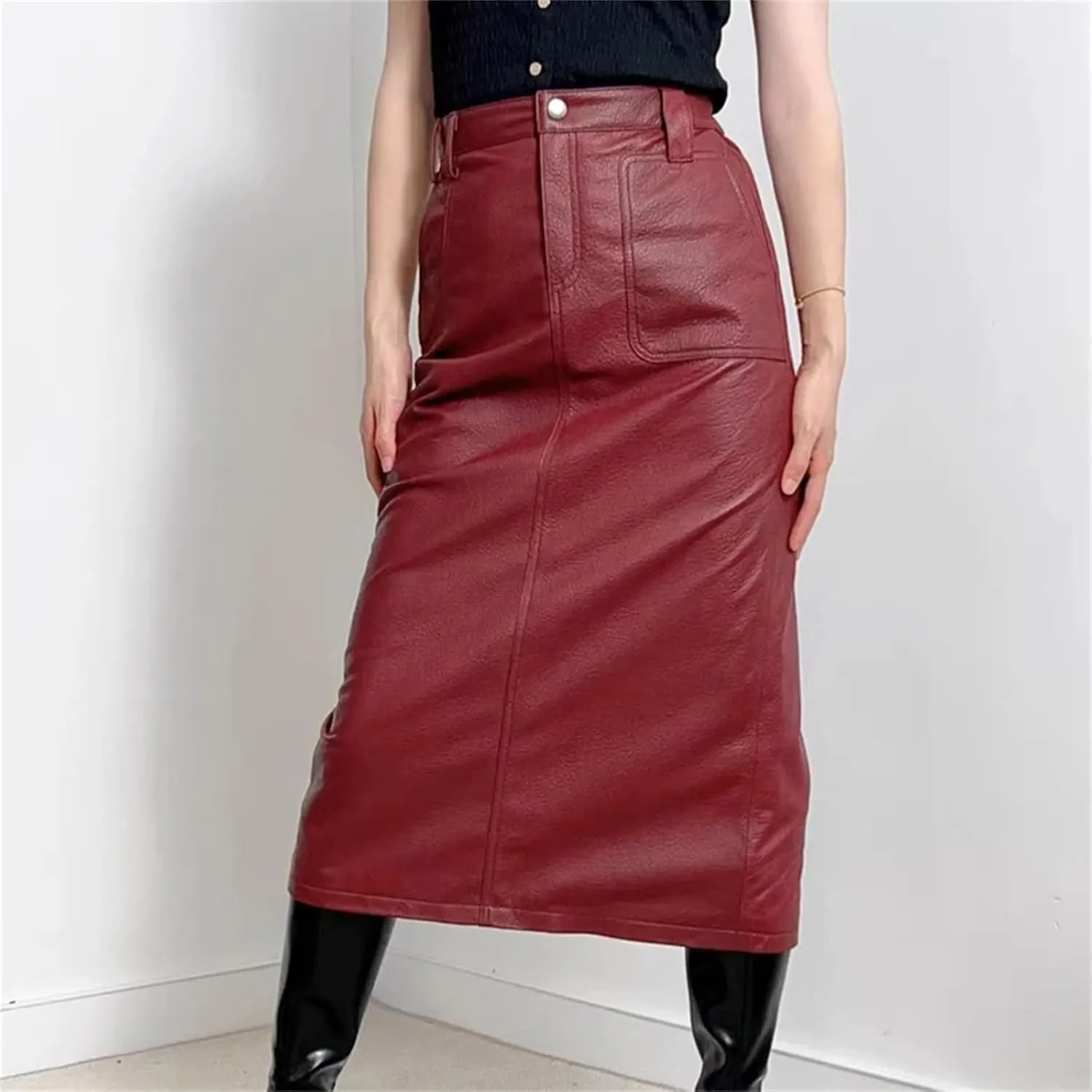 Women Winter Genuine Leather Maxi Skirts High Waist Pocket Split Half Body Midi Wrap Hip Skirt