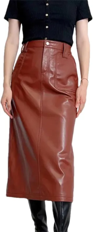 Women Winter Genuine Leather Maxi Skirts High Waist Pocket Split Half Body Midi Wrap Hip Skirt