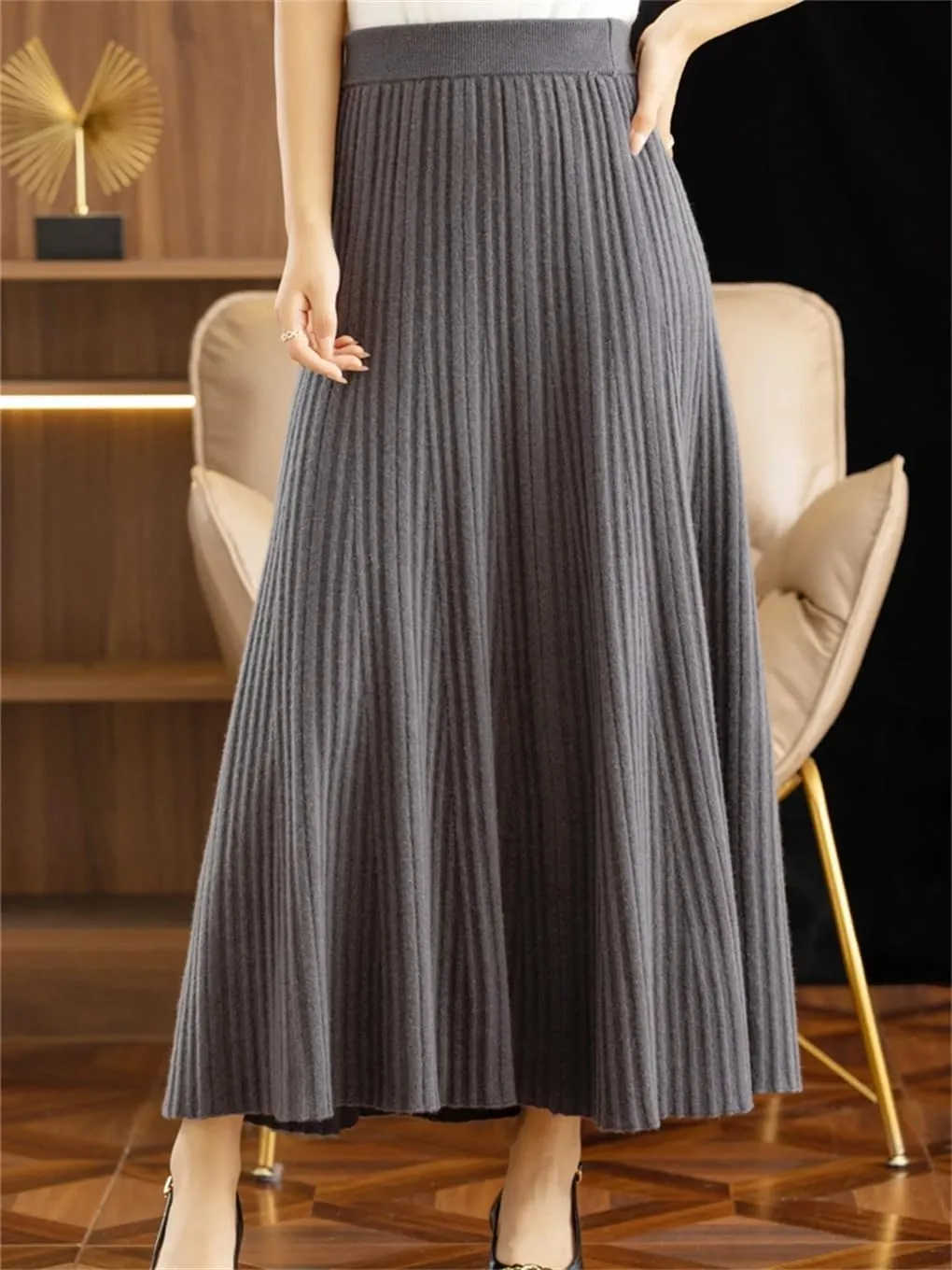 Women Wool Pleated Long Skirt Office Lady Skirt Office Lady Solid Regulai Fit Sweater Midi Skirts