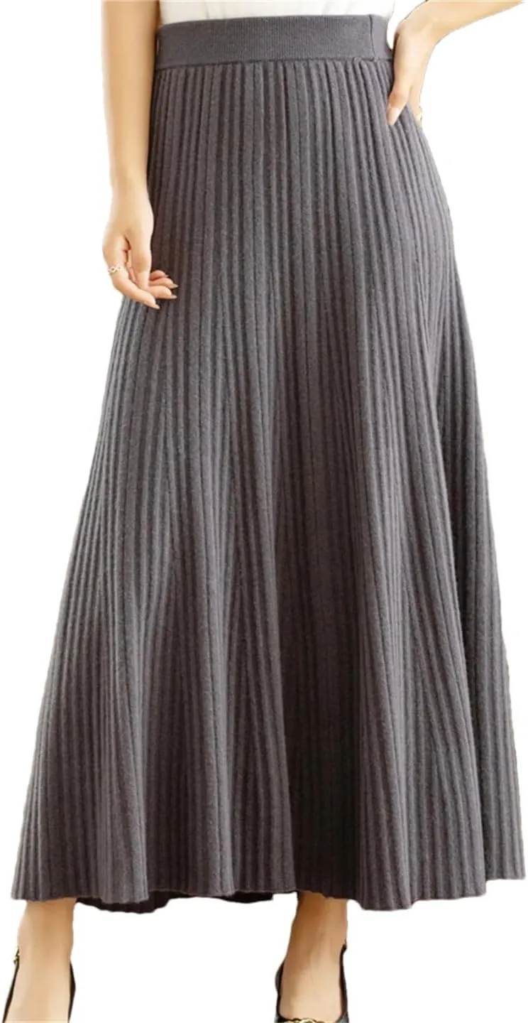 Women Wool Pleated Long Skirt Office Lady Skirt Office Lady Solid Regulai Fit Sweater Midi Skirts