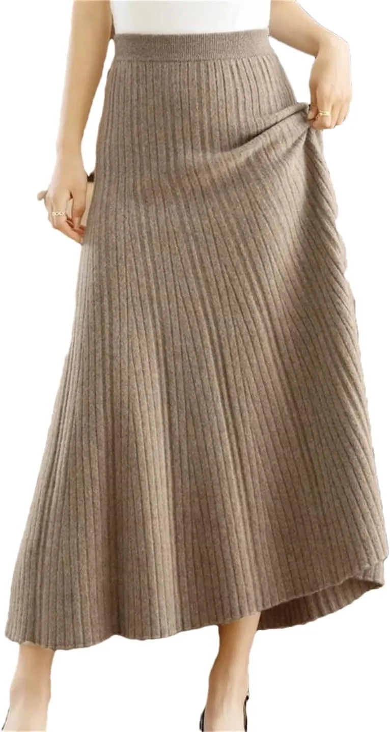 Women Wool Pleated Long Skirt Office Lady Skirt Office Lady Solid Regulai Fit Sweater Midi Skirts