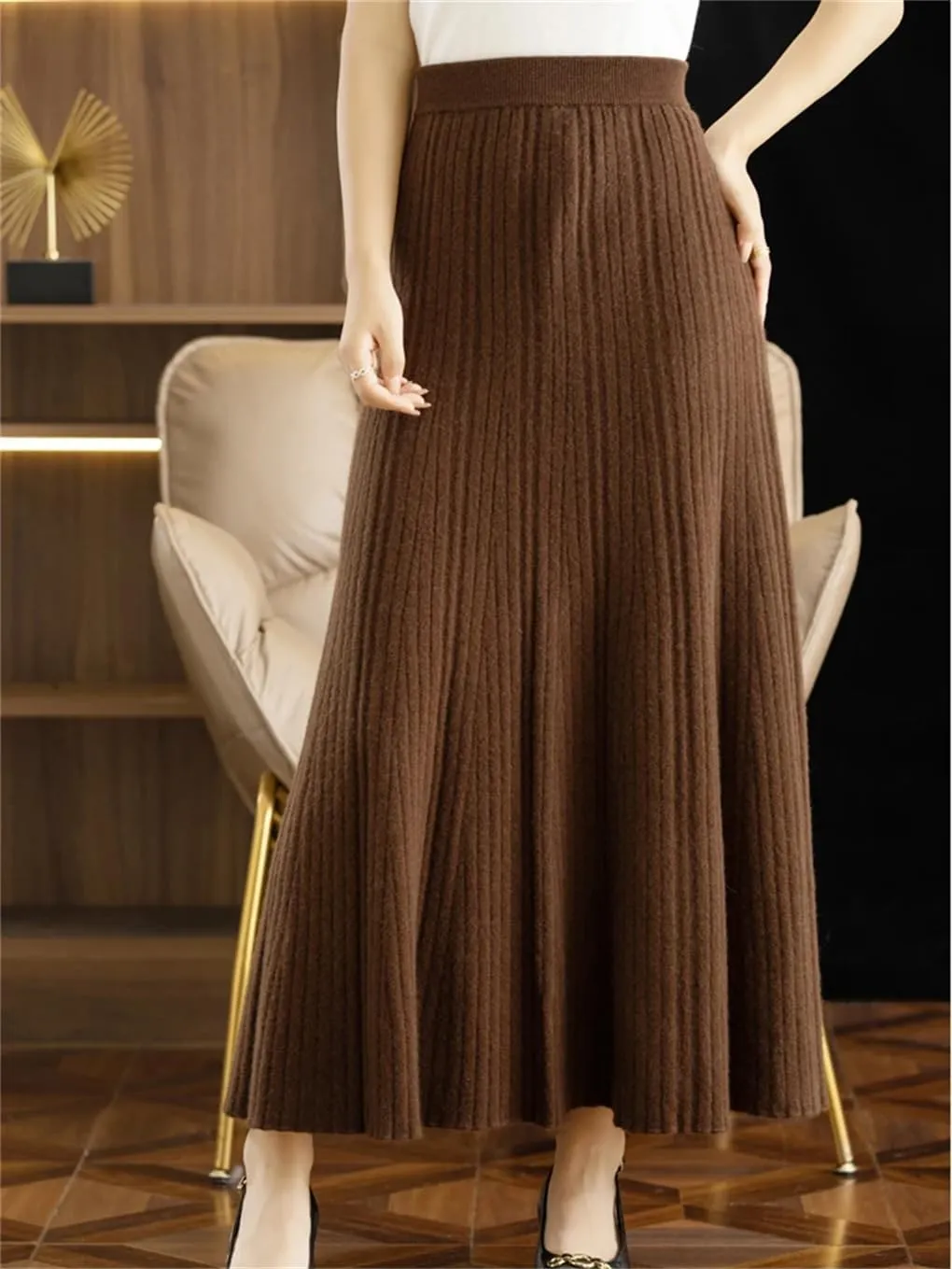 Women Wool Pleated Long Skirt Office Lady Skirt Office Lady Solid Regulai Fit Sweater Midi Skirts